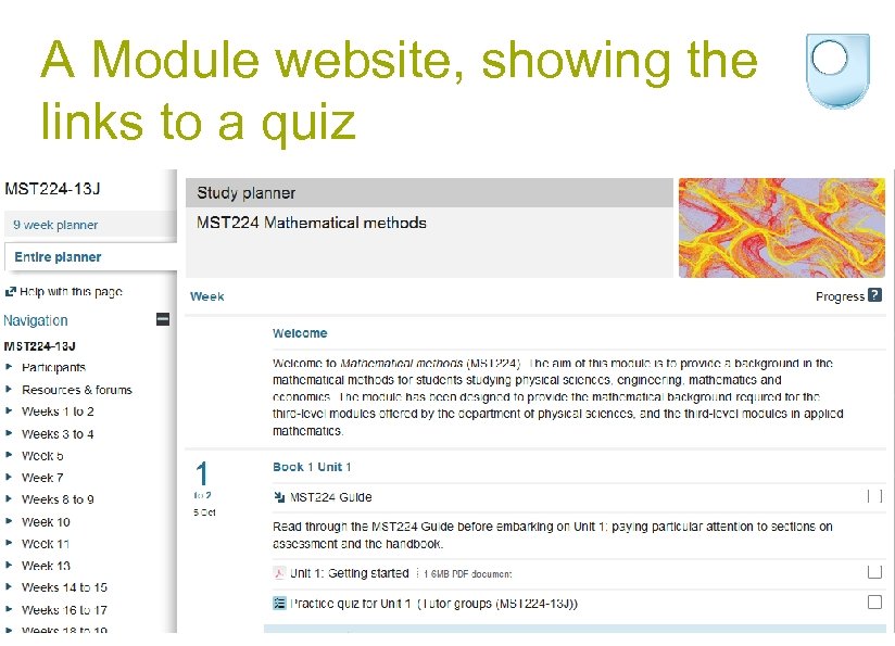 A Module website, showing the links to a quiz 