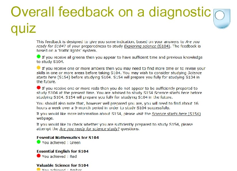 Overall feedback on a diagnostic quiz 