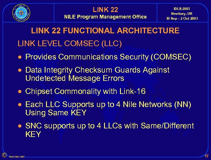 LINK 22 NILE Program Management Office IDLS 2003 Newbury, UK 30 Sep – 2