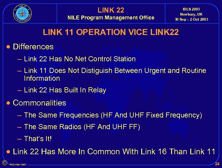 LINK 22 NILE Program Management Office IDLS 2003 Newbury, UK 30 Sep – 2