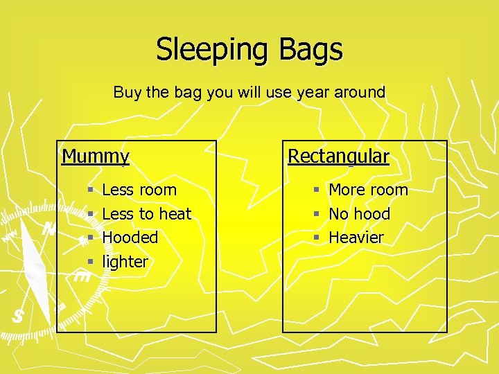 Sleeping Bags Buy the bag you will use year around Mummy § § Less