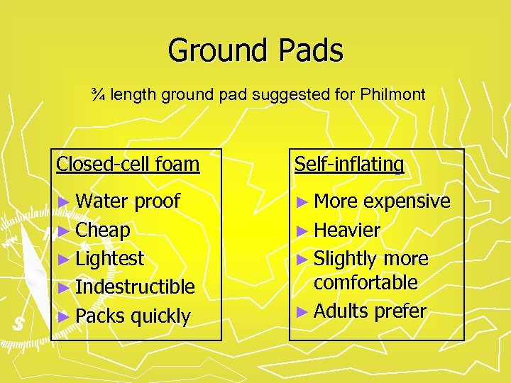 Ground Pads ¾ length ground pad suggested for Philmont Closed-cell foam Self-inflating ► Water