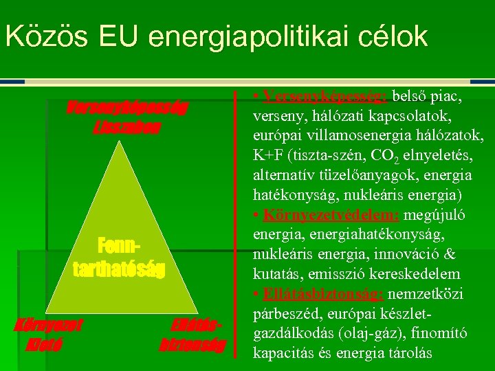Közös EU energiapolitikai célok Versenyképesség Lisszabon Fenntarthatóság Környezet Kiotó Ellátásbiztonság • Versenyképesség: belső piac,