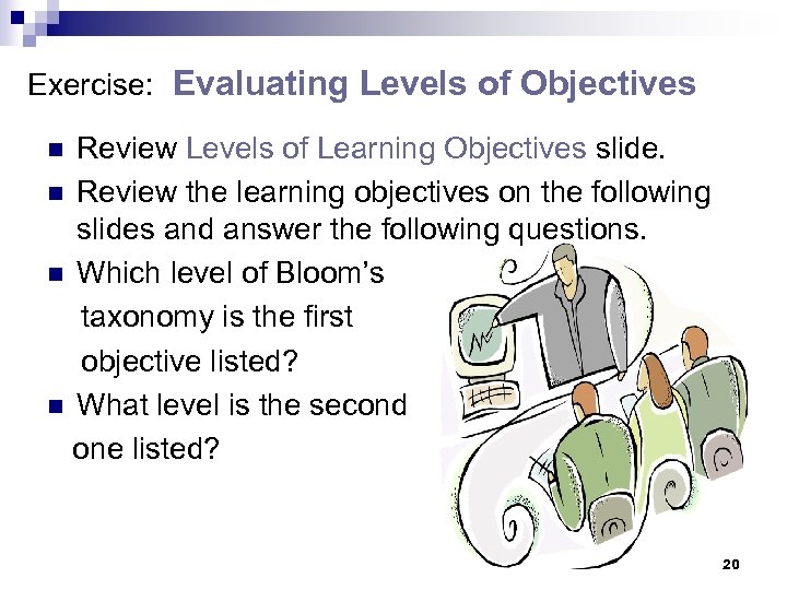 Exercise: Evaluating Levels of Objectives Review Levels of Learning Objectives slide. n Review the