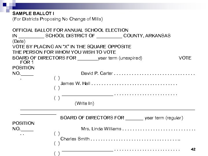 SAMPLE BALLOT I (For Districts Proposing No Change of Mills) OFFICIAL BALLOT FOR ANNUAL