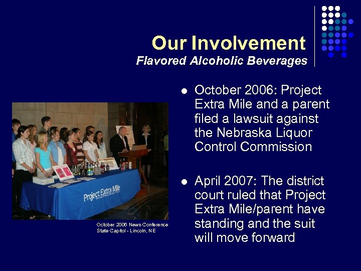 Our Involvement Flavored Alcoholic Beverages l l October 2006 News Conference State Capitol -