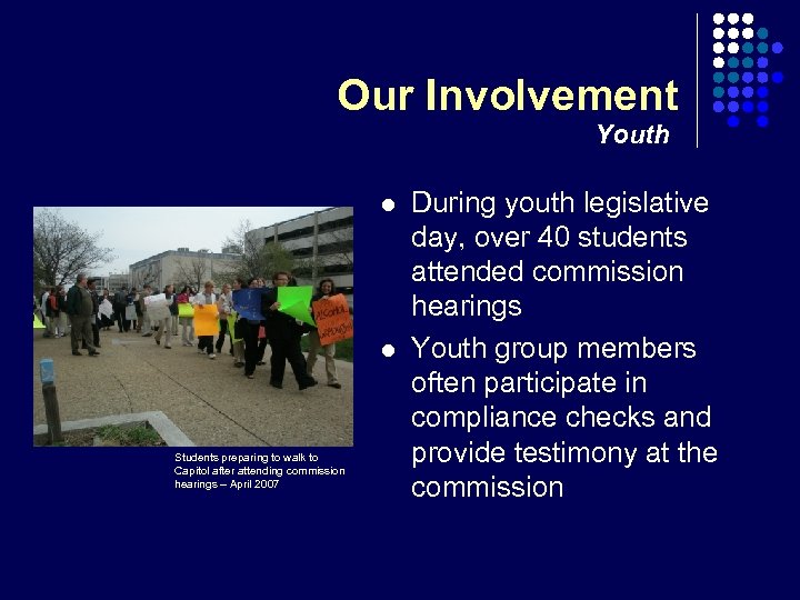 Our Involvement Youth l l Students preparing to walk to Capitol after attending commission