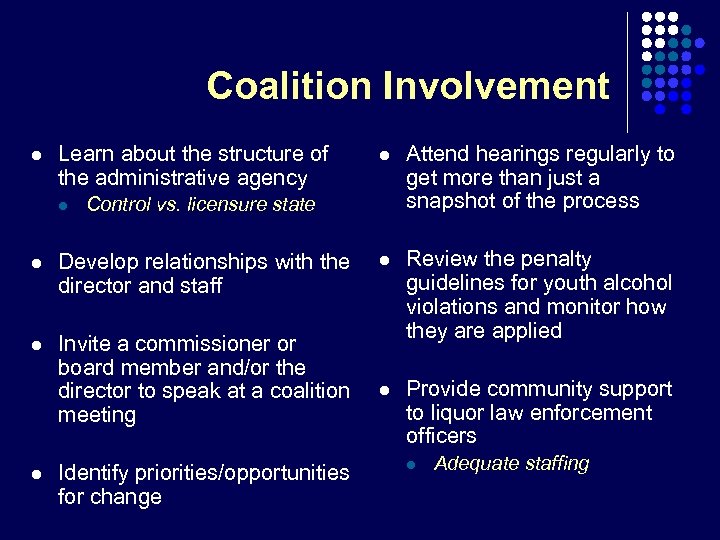 Coalition Involvement l Learn about the structure of the administrative agency l Attend hearings