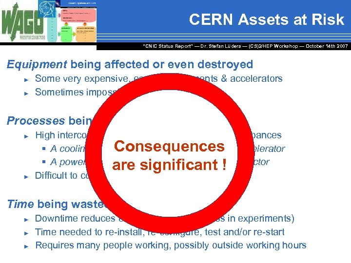 CERN Assets at Risk “CNIC Status Report” — Dr. Stefan Lüders — (CS)2/HEP Workshop
