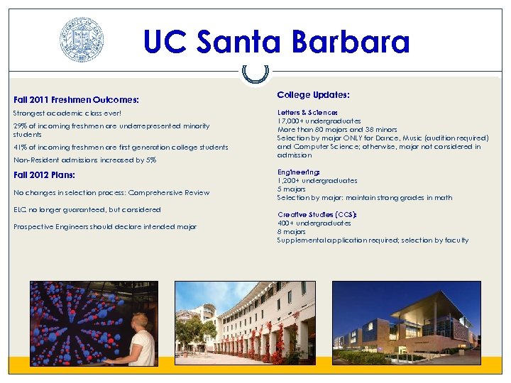 UC Santa Barbara Fall 2011 Freshmen Outcomes: Strongest academic class ever! 29% of incoming