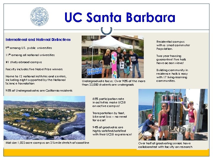 UC Santa Barbara International and National Distinctions Residential campus with a small commuter Population.