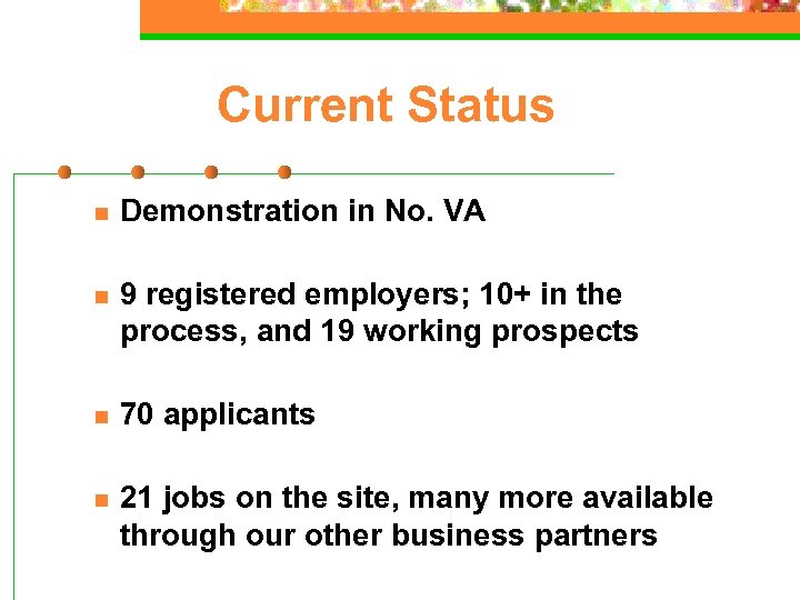 Current Status n Demonstration in No. VA n 9 registered employers; 10+ in the