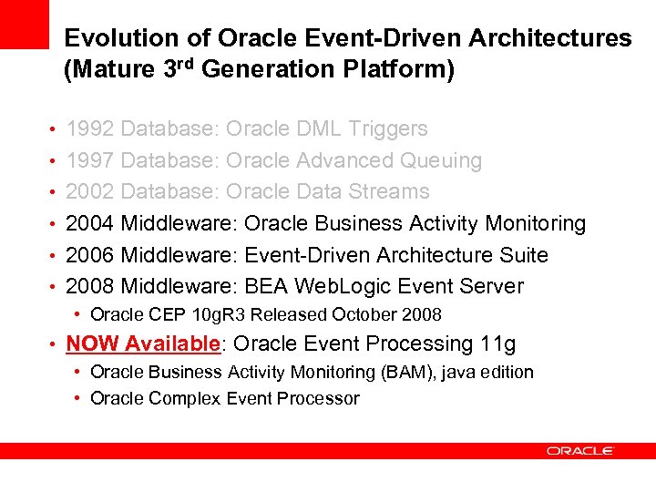 Evolution of Oracle Event-Driven Architectures (Mature 3 rd Generation Platform) • 1992 Database: Oracle