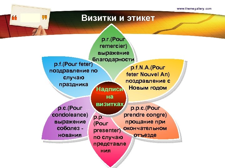 www. themegallery. com LOGO Визитки и этикет p. r. (Pour remercier) выражение благодарности p.