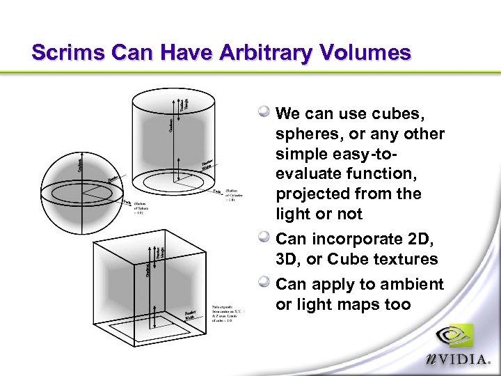 Scrims Can Have Arbitrary Volumes We can use cubes, spheres, or any other simple