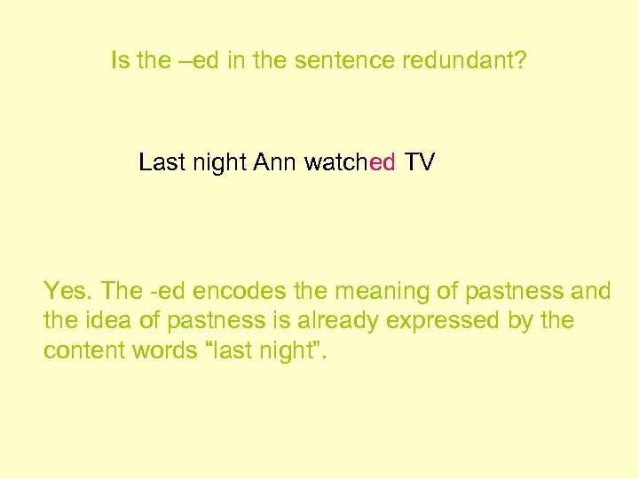 Is the –ed in the sentence redundant? Last night Ann watched TV Yes. The