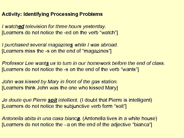Activity: Identifying Processing Problems I watched television for three hours yesterday. [Learners do notice