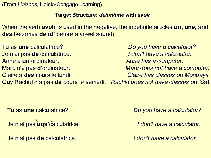 (From Liaisons, Heinle Cengage Learning) Target Structure: de/un/une with avoir When the verb avoir