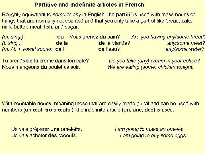 Partitive and indefinite articles in French Roughly equivalent to some or any in English,