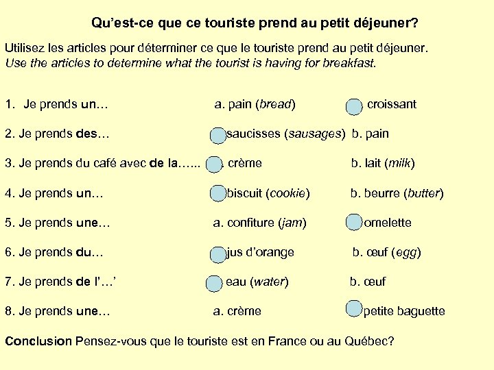 Qu’est-ce que ce touriste prend au petit déjeuner? Utilisez les articles pour déterminer ce