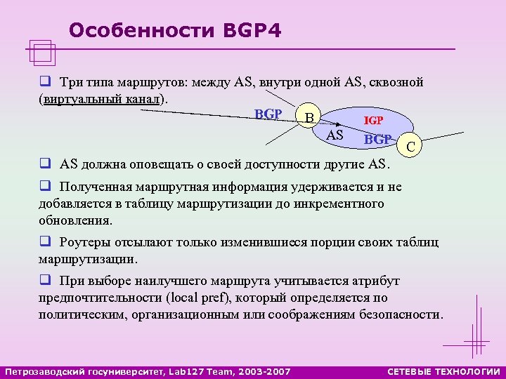 Особенности BGP 4 q Три типа маршрутов: между AS, внутри одной AS, сквозной (виртуальный