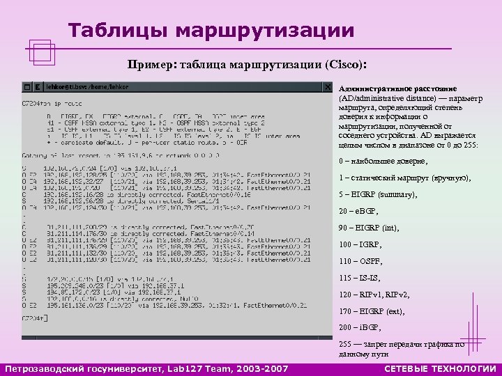 Таблицы маршрутизации Пример: таблица маршрутизации (Cisco): Административное расстояние (AD/administrative distance) — параметр маршрута, определяющий