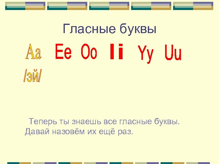 Гласные буквы Теперь ты знаешь все гласные буквы. Давай назовём их ещё раз. 
