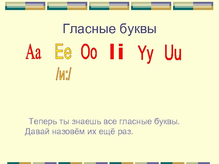 Гласные буквы Теперь ты знаешь все гласные буквы. Давай назовём их ещё раз. 