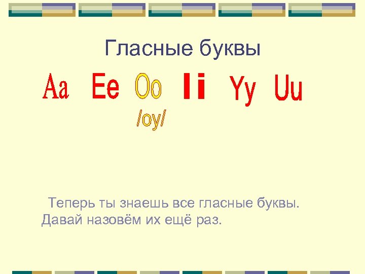 Гласные буквы Теперь ты знаешь все гласные буквы. Давай назовём их ещё раз. 