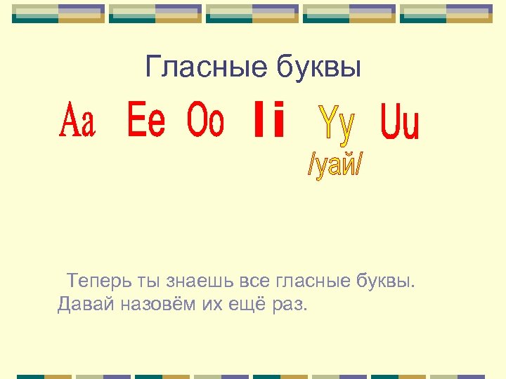 Гласные буквы Теперь ты знаешь все гласные буквы. Давай назовём их ещё раз. 
