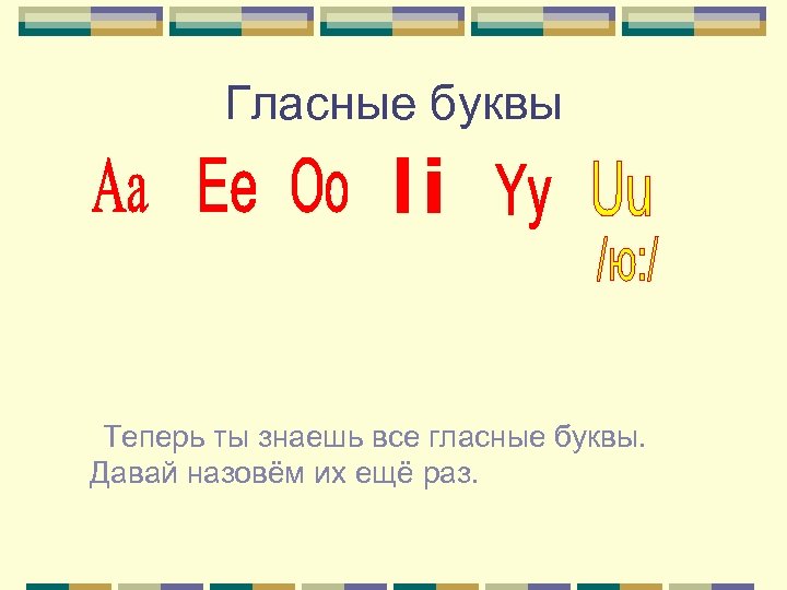 Гласные буквы Теперь ты знаешь все гласные буквы. Давай назовём их ещё раз. 