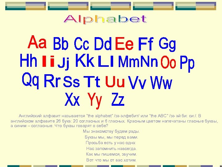 Английский алфавит называется “the alphabet” /зэ элфебит/ или “the ABC” /зэ эй би: си: