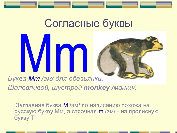 Согласные буквы Буква Mm /эм/ для обезьянки, Шаловливой, шустрой monkey /манки/. Заглавная буква M
