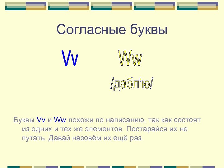 Согласные буквы Буквы Vv и Ww похожи по написанию, так как состоят из одних
