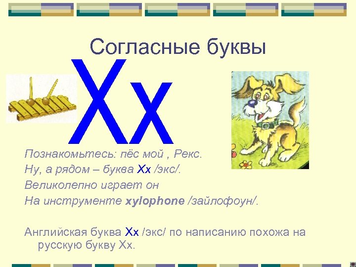 Согласные буквы Познакомьтесь: пёс мой , Рекс. Ну, а рядом – буква Хх /экс/.