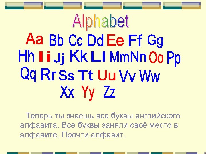 Теперь ты знаешь все буквы английского алфавита. Все буквы заняли своё место в алфавите.