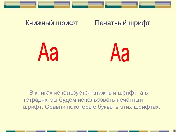 Книжный шрифт Печатный шрифт В книгах используется книжный шрифт, а в тетрадях мы будем