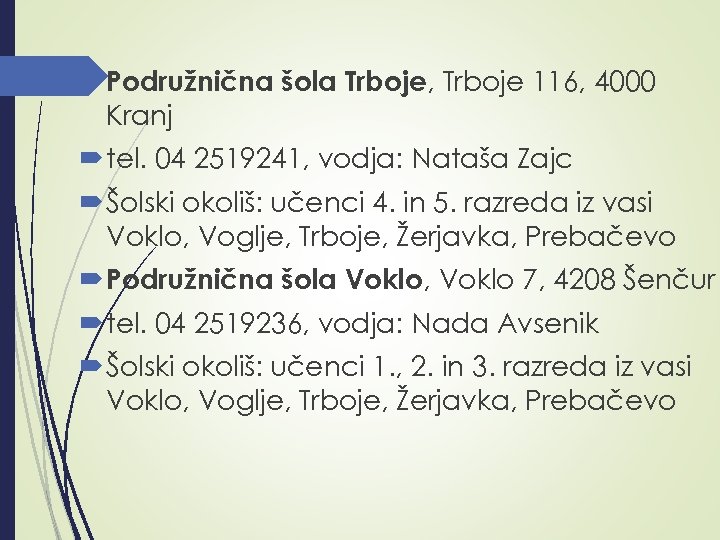  Podružnična šola Trboje, Trboje 116, 4000 Kranj tel. 04 2519241, vodja: Nataša Zajc