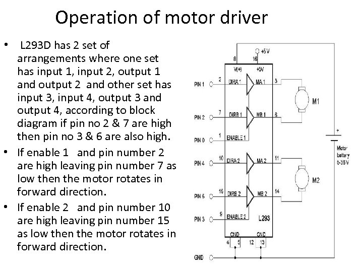 Operation of motor driver • L 293 D has 2 set of arrangements where