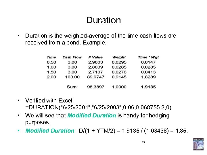 Duration • Duration is the weighted-average of the time cash flows are received from