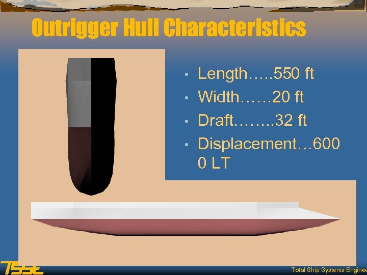 Outrigger Hull Characteristics Length…. . 550 ft • Width…… 20 ft • Draft……. .