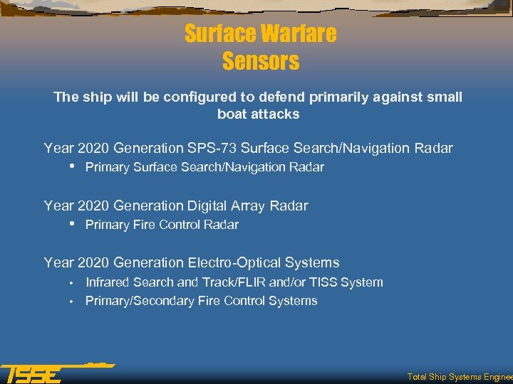 Surface Warfare Sensors The ship will be configured to defend primarily against small boat
