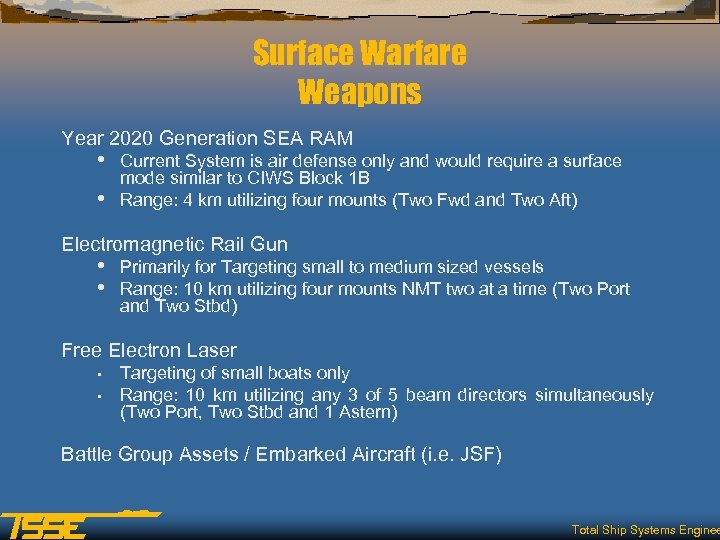 Surface Warfare Weapons Year 2020 Generation SEA RAM • • Current System is air