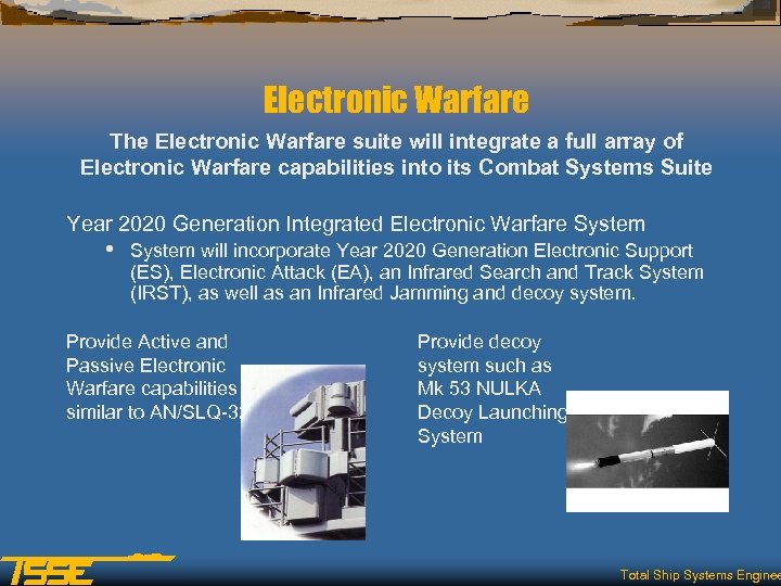 Electronic Warfare The Electronic Warfare suite will integrate a full array of Electronic Warfare