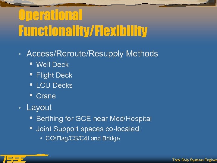 Operational Functionality/Flexibility • Access/Reroute/Resupply Methods • • • Well Deck Flight Deck LCU Decks