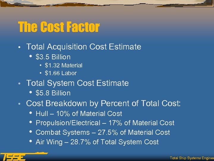 The Cost Factor • Total Acquisition Cost Estimate • $3. 5 Billion • $1.
