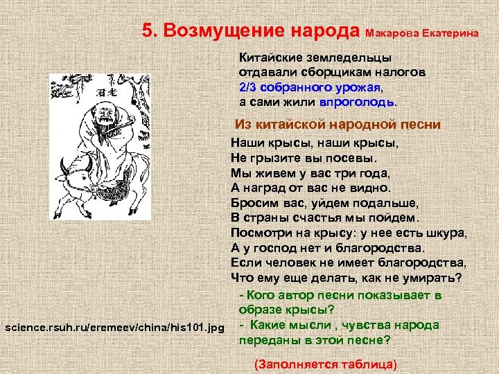 5. Возмущение народа Макарова Екатерина Китайские земледельцы отдавали сборщикам налогов 2/3 собранного урожая, а
