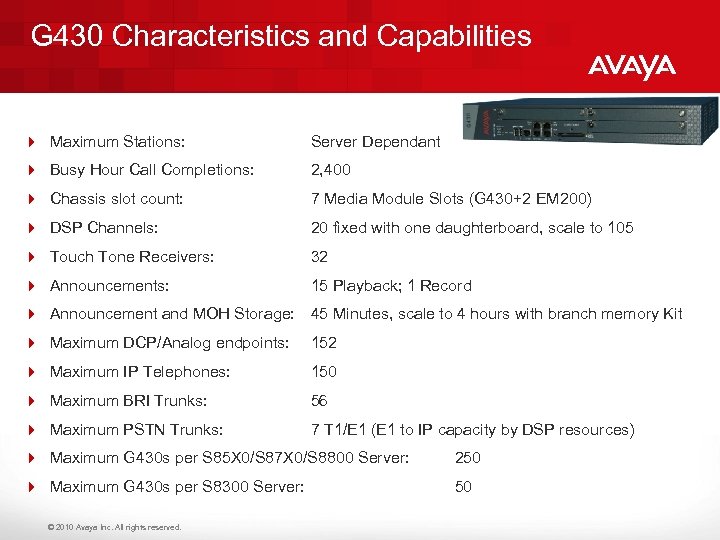 G 430 Characteristics and Capabilities 4 Maximum Stations: Server Dependant 4 Busy Hour Call