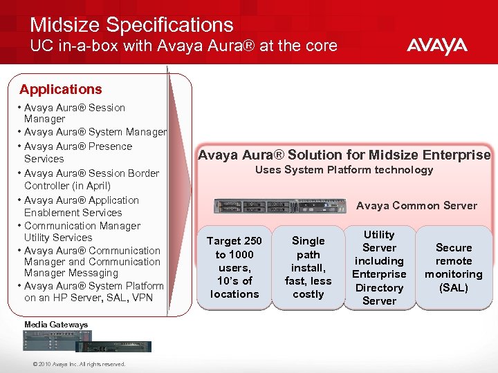 Midsize Specifications UC in-a-box with Avaya Aura® at the core Applications • Avaya Aura®