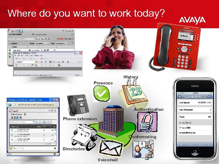 Where do you want to work today? History Presence Authentication Phone extension Conferencing Directories